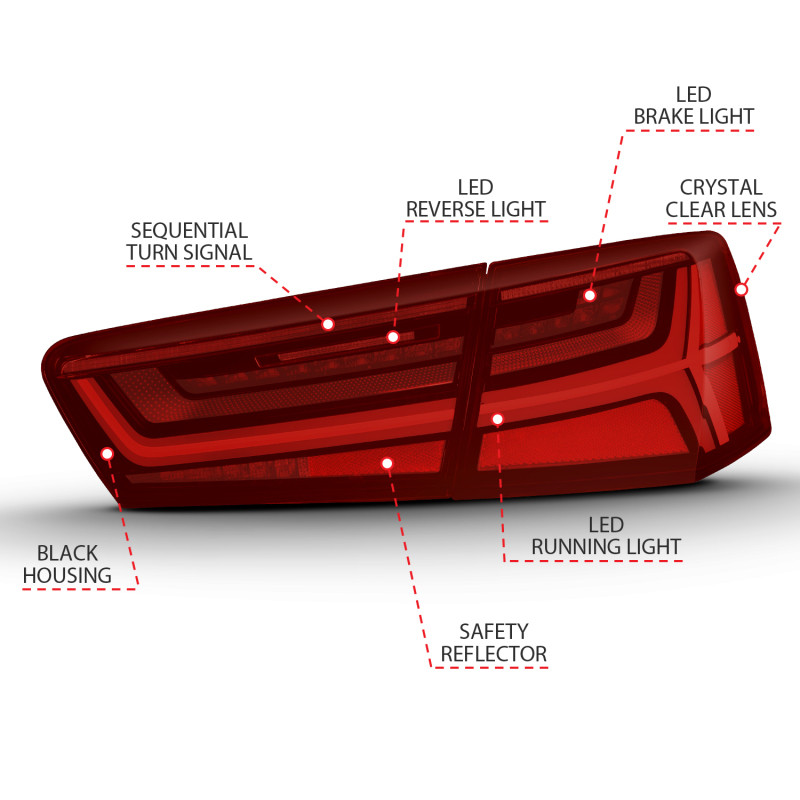ANZO 2012-2018 Audi A6 LED Taillight Black Housing Red/Clear Lens 4 pcs (Sequential Signal) - 321353