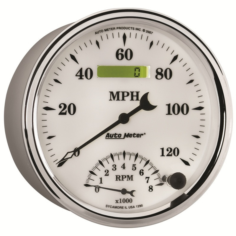AutoMeter Gauge Tach/Speedo 5in. 120MPH & 8K RPM Elec. Program Old Tyme White II - 1290