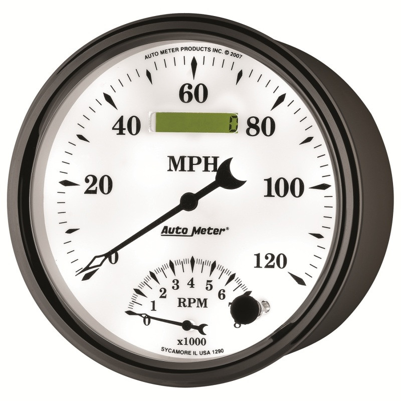 AutoMeter Gauge Tach/Speedo 5in. 120MPH & 8K RPM Elec. Program Old Tyme White II - 1290