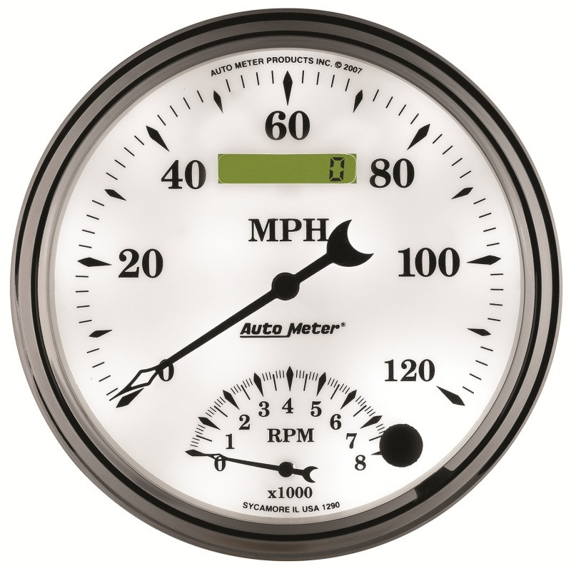 AutoMeter Gauge Tach/Speedo 5in. 120MPH & 8K RPM Elec. Program Old Tyme White II - 1290