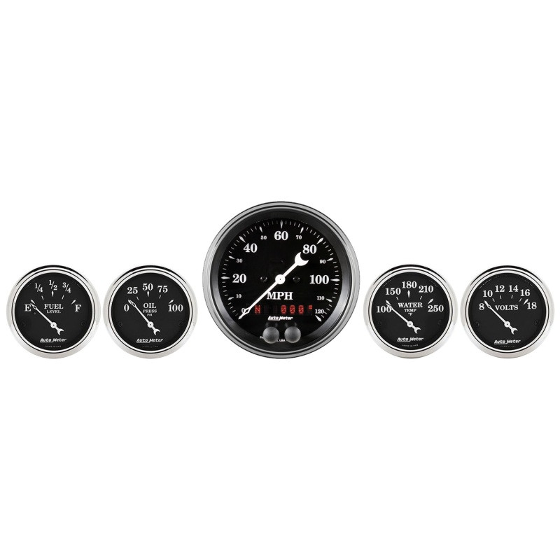 Auto Meter Gauge Kit 5 pc. 3 3/8in & 2 1/16in GPS Speedometer Old Tyme Black - 1750