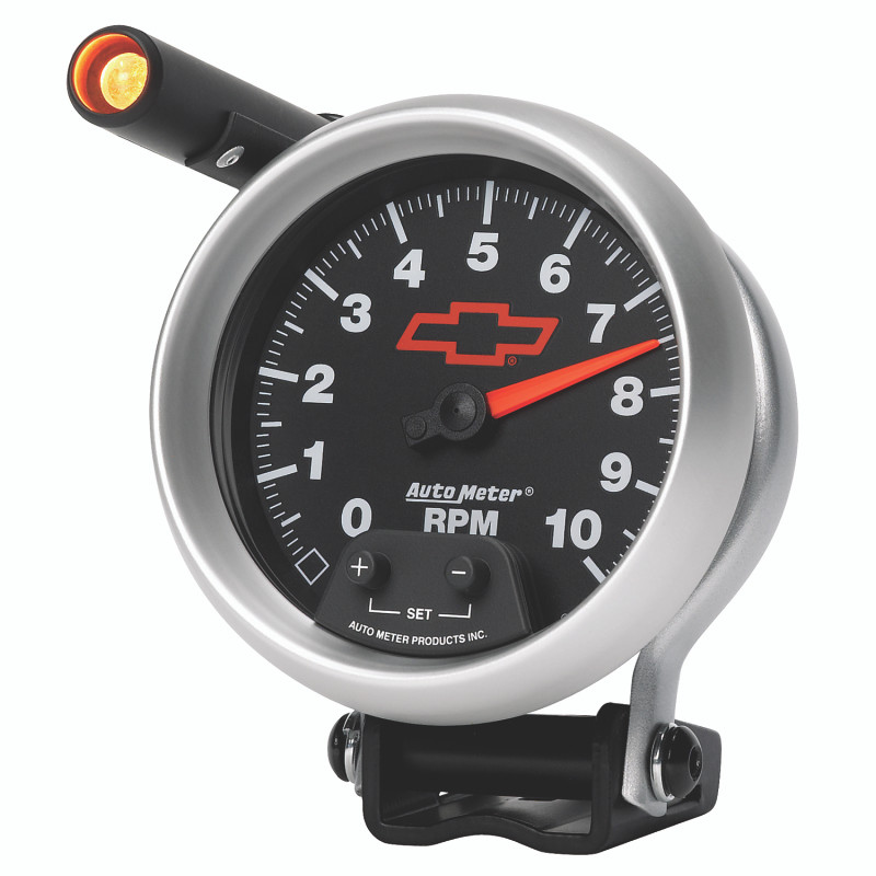 Autometer GM Red Bowtie Black 3-3/4in 0-10000 RPM Pedestal Mount Tachometer Quick-Lite - 3690-00406
