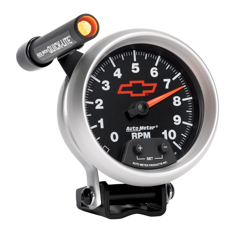 Autometer GM Red Bowtie Black 3-3/4in 0-10000 RPM Pedestal Mount Tachometer Quick-Lite - 3690-00406