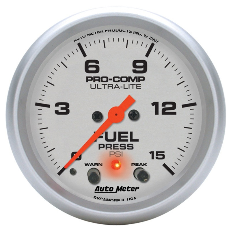 Autometer Ultra-Lite 66.7mm Full Sweep Elec 0-15 PSI Fuel Pressure w/ Peak Memory & Warning Gauge - 4470