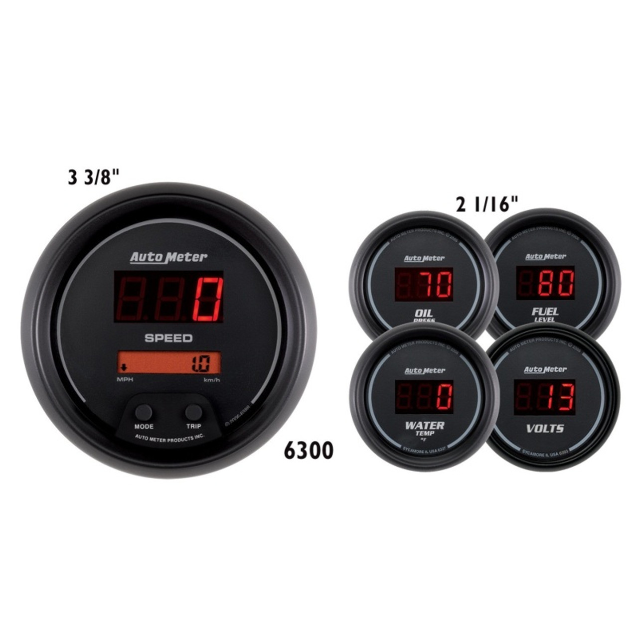 AutoMeter Gauge Kit 5 Pc. 3-3/8in. & 2-1/16in. Elec Speedo Digital Black Dial W/ Red Led - 6300