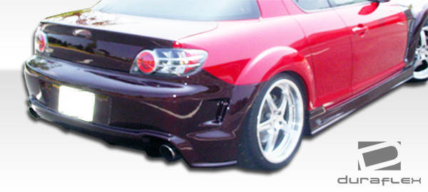 2004-2011 Mazda RX-8 Duraflex GT Competition Rear Bumper Cover - 1 Piece / Vehicle Year Make Model Trim - 2004-2011-Mazda RX8 ALL / Product Type - Rear Bumper / Style Name -GT Competition / Kit Material - FRP (Fiberglass Reinforced Plastics) / Notes - Note: picture shown with carbon creations orange kevlar. actual product is made of fiberglass. 09-11 Models will require modification