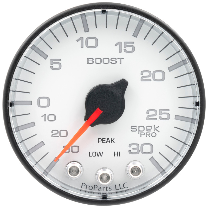 Autometer Spek-Pro Gauge Vac/Boost 2 1/16in 30Inhg-30psi Stepper Motor W/Peak & Warn White/Black - P302128