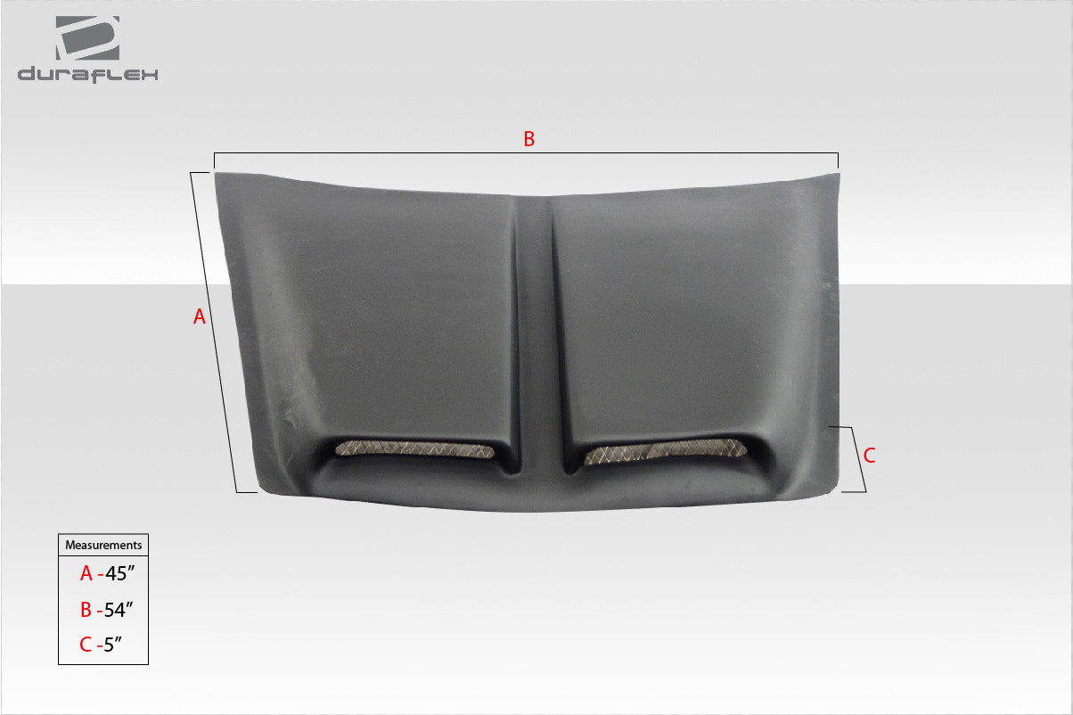 Universal Duraflex Spyder Hood Scoop - 1 Piece / Vehicle Year Make Model Trim - --  ALL / Product Type - Scoop / Style Name -\Universal / Kit Material - FRP (Fiberglass Reinforced Plastics) / Notes - Note: dimensions for this are 54.5 x 39, and 2.5 scoop opening