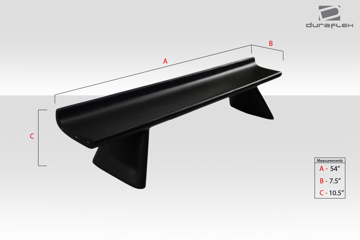 Universal Duraflex Cobra R Wing Trunk Lid Spoiler - 1 Piece / Vehicle Year Make Model Trim - --  ALL / Product Type - Wing / Style Name -\Universal / Kit Material - FRP (Fiberglass Reinforced Plastics) / Notes - Note: this wing is 54" wide from tip to tip and 40" wide from pillar to pillar. height is 10" will fit most applications. please measure the length of your trunk and decide if this wing will fit your vehicle appropriately.
