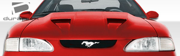 1994-1998 Ford Mustang Duraflex Mach 1 Hood - 1 Piece / Vehicle Year Make Model Trim - 1994-1998-Ford Mustang ALL / Product Type - Hood / Style Name -Mach 1 / Kit Material - FRP (Fiberglass Reinforced Plastics) / Notes - Note: Hood pins are required.