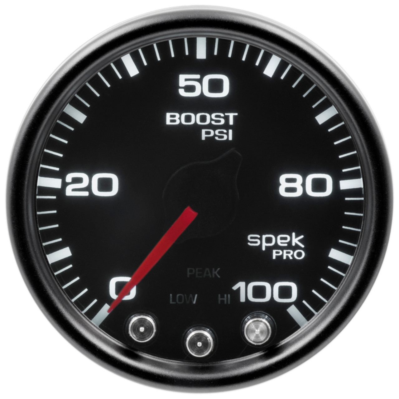 Autometer Spek-Pro Gauge Boost 2 1/16in 100psi Stepper Motor W/Peak & Warn Blk/Smoke/Blk - P30552