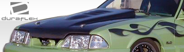 1987-1993 Ford Mustang Duraflex Cobra R Hood - 1 Piece / Vehicle Year Make Model Trim - 1987-1993-Ford Mustang ALL / Product Type - Hood / Style Name -Cobra R / Kit Material - FRP (Fiberglass Reinforced Plastics) / Notes - Note: Hood pins are required.