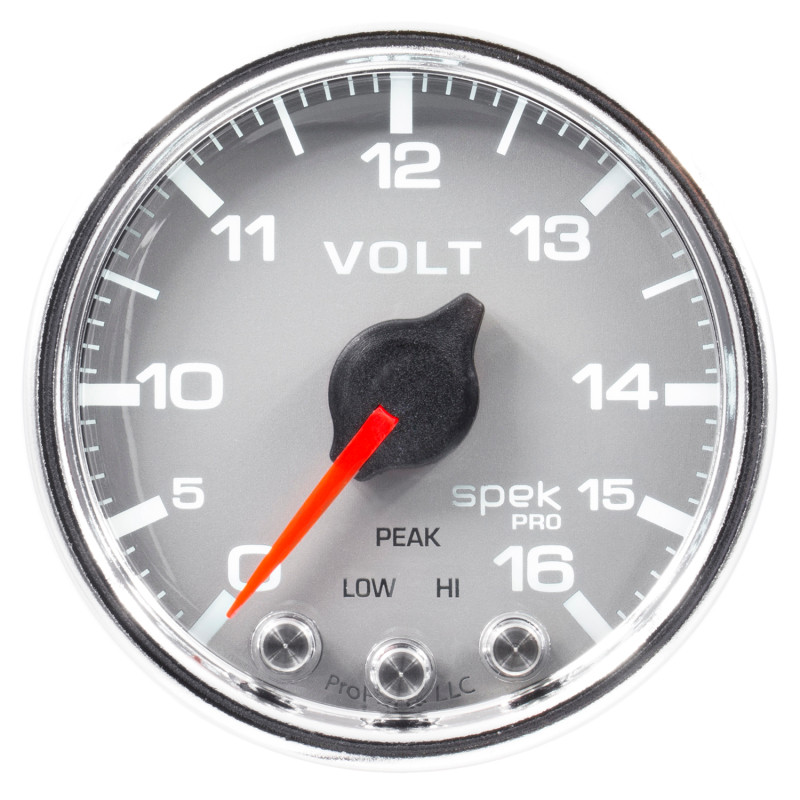 Autometer Spek-Pro Gauge Voltmeter 2 1/16in 16V Stepper Motor W/Peak & Warn Slvr/Chrm - P34421