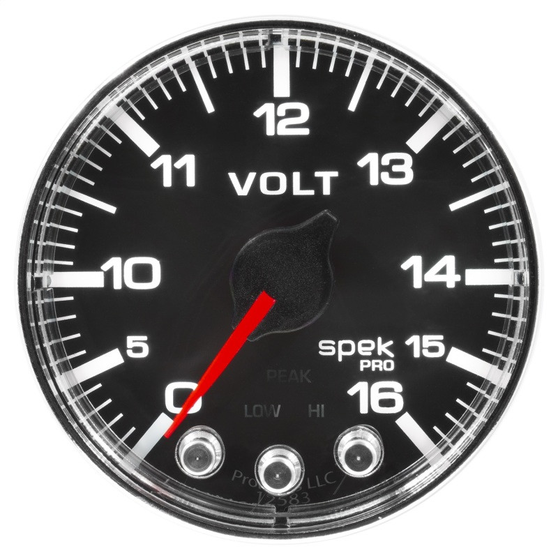 Autometer Spek-Pro Gauge Voltmeter 2 1/16in 16V Stepper Motor W/Peak & Warn Blk/Chrm - P344318