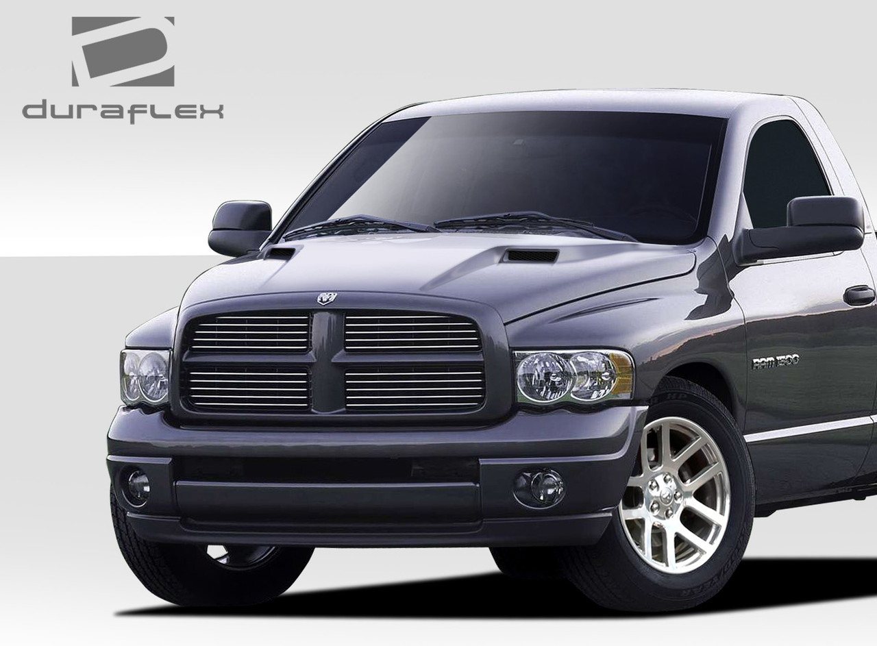 2002-2008 Dodge Ram Duraflex MP-R Hood - 1 Piece / Vehicle Year Make Model Trim - 2002-2008-Dodge Ram ALL / Product Type - Hood / Style Name -MP-R / Kit Material - FRP (Fiberglass Reinforced Plastics) / Notes - Note: Hood pins are required.