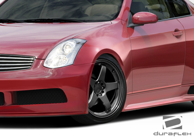 2003-2007 Infiniti G Coupe G35 Duraflex GT500 Wide Body Front Fenders - 2 Piece / Vehicle Year Make Model Trim - 2003-2007-Infiniti G Coupe 2DR / Product Type - Fender / Style Name -GT500 / Kit Material - FRP (Fiberglass Reinforced Plastics) / Notes - Note: must be used in conjunction with complete wide body kit