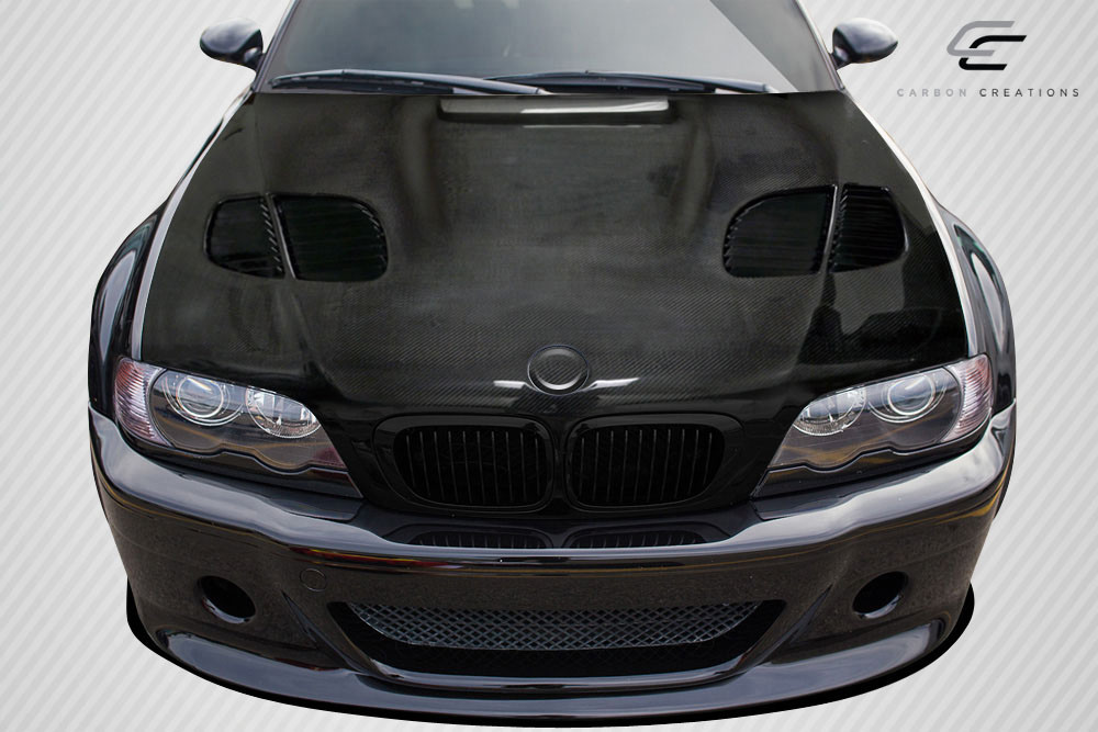 2000-2006 BMW 3 Series E46 2DR Carbon Creations GTR Hood - 1 Piece / Vehicle Year Make Model Trim - 2000-2006-BMW 3 Series 2DR / Product Type - Hood / Style Name -GTR / Kit Material - Carbon Fiber / Notes - Note: Hood is designed for 04-06 Models. 00-03 Models will require the use of 04-06 model kidney grills. Hood pins are required.