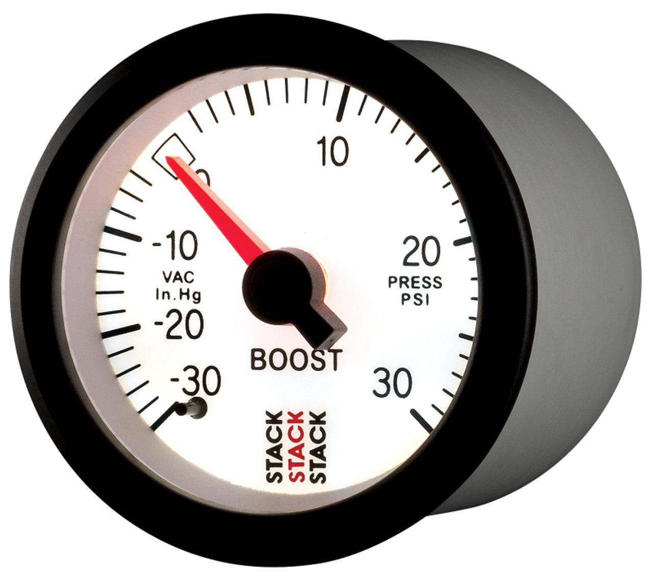 Autometer Stack 52mm -30INHG to +30 PSI (Incl T-Fitting) Mechanical Boost Pressure Gauge - White - ST3162