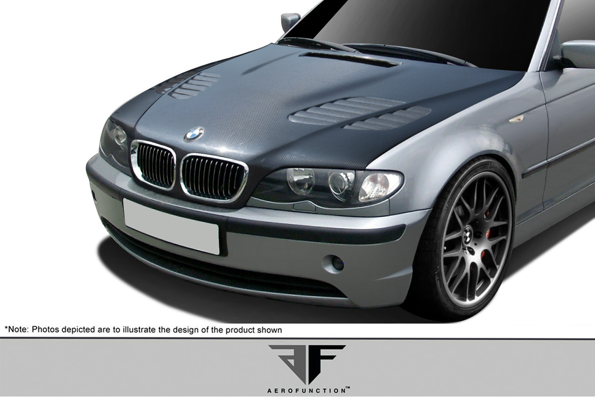 2002-2005 BMW 3 Series E46 4DR Carbon AF-2 Hood ( CFP ) - 1 Piece / Vehicle Year Make Model Trim - 2002-2005-BMW 3 Series 4DR / Product Type - Hood / Style Name -AF-2 / Kit Material - Carbon Fiber / Notes - Note: Hood pins are required.