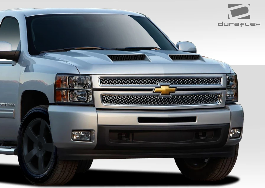 2007-2013 Chevrolet Silverado Duraflex CVX Hood - 1 Piece / Vehicle Year Make Model Trim - 2007-2013-Chevrolet Silverado ALL / Product Type - Hood / Style Name -CVX / Kit Material - FRP (Fiberglass Reinforced Plastics) / Notes - Note: Hood pins are required.