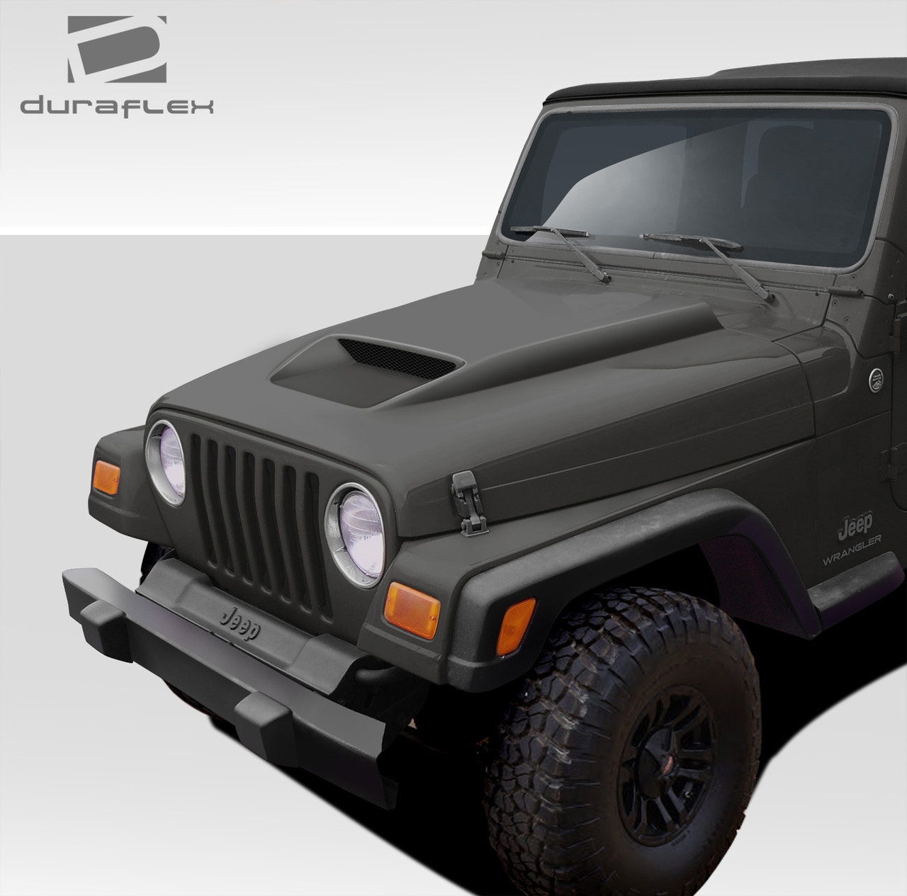 1997-2006 Jeep Wrangler Duraflex CVX Hood (non highline fenders) - 1 Piece / Vehicle Year Make Model Trim - 1997-2006-Jeep Wrangler ALL / Product Type - Hood / Style Name -CVX / Kit Material - FRP (Fiberglass Reinforced Plastics) / Notes - Note: for use with non highline fenders only Hood pins are required.