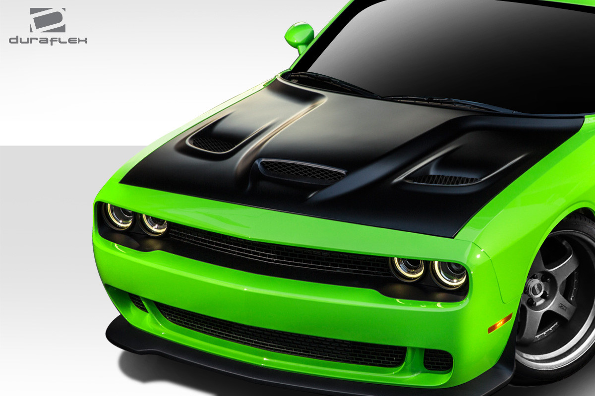 2008-2023 Dodge Challenger Duraflex Hellcat Look Hood - 1 Piece / Vehicle Year Make Model Trim - 2008-2023-Dodge Challenger ALL / Product Type - Hood / Style Name -Hellcat / Kit Material - FRP (Fiberglass Reinforced Plastics) / Notes - Note: Hood pins are required.
