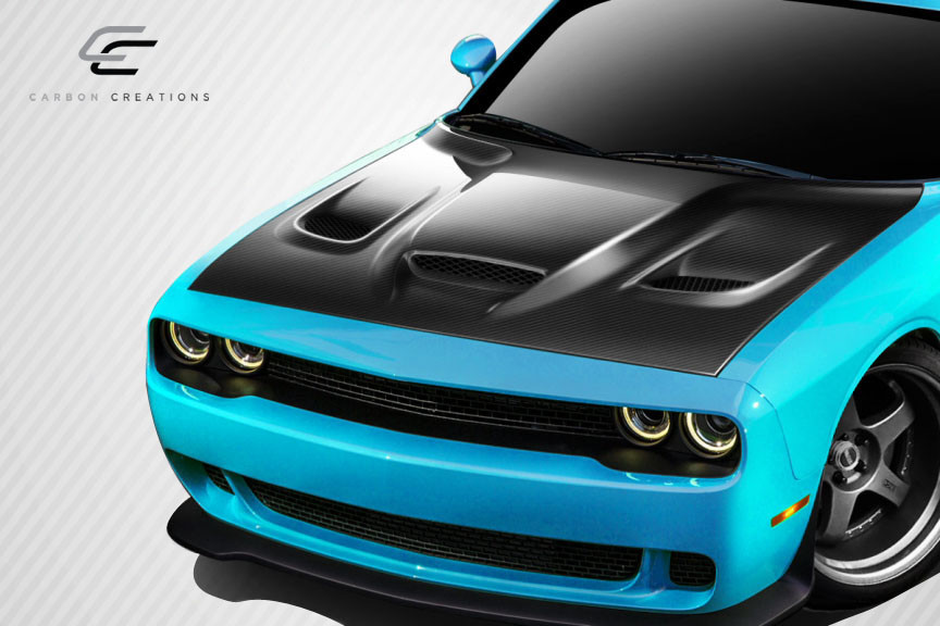 2008-2023 Dodge Challenger Carbon Creations Dritech Hellcat Look Hood - 1 Piece / Vehicle Year Make Model Trim - 2008-2023-Dodge Challenger ALL / Product Type - Hood / Style Name -Hellcat / Kit Material - Infusion Carbon Fiber / Notes - Note: Hood pins are required.