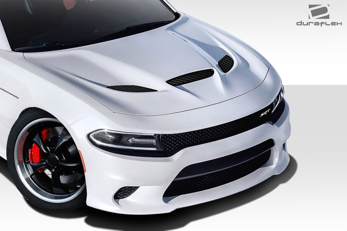 2015-2023 Dodge Charger Duraflex Hellcat Look Hood - 1 Piece / Vehicle Year Make Model Trim - 2015-2023-Dodge Charger ALL / Product Type - Hood / Style Name -Hellcat / Kit Material - FRP (Fiberglass Reinforced Plastics) / Notes - Note: Hood pins are required.