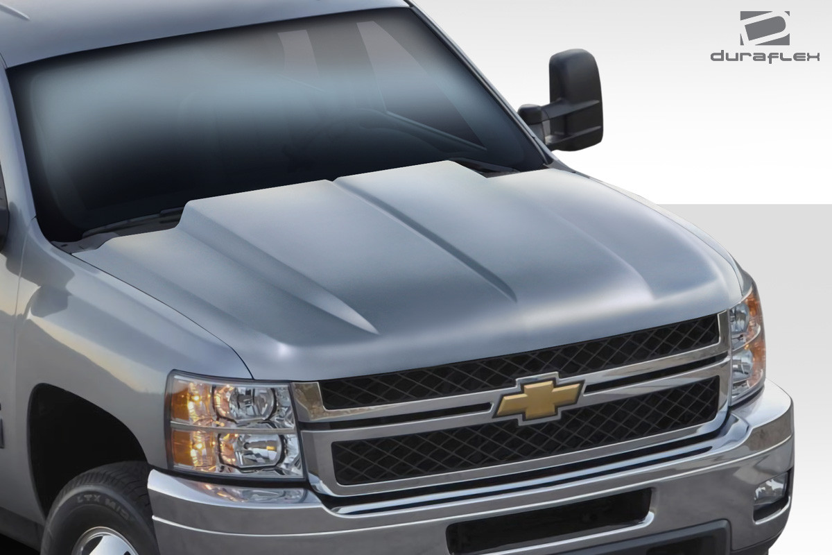 2007-2013 Chevrolet Silverado Duraflex Cowl Hood - 1 Piece / Vehicle Year Make Model Trim - 2007-2013-Chevrolet Silverado ALL / Product Type - Hood / Style Name -Cowl / Kit Material - FRP (Fiberglass Reinforced Plastics) / Notes - Note: Hood pins are required.