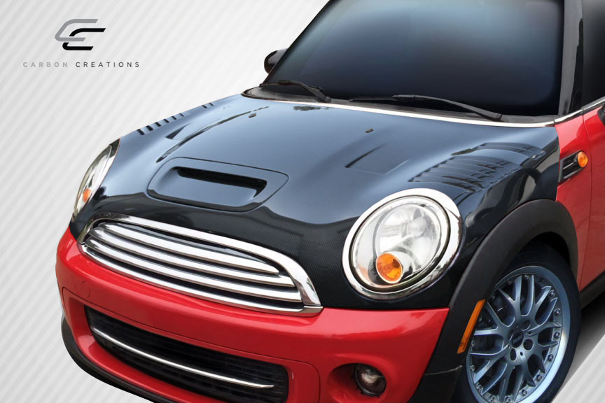 2007-2013 Mini Cooper Hatchback R56 Clubman R55 2009-2015 Cooper convertible R57 2012-2015 Cooper Coupe / Roadster R58 R59 Carbon Creations DriTech Racer Hood - 1 Piece / Vehicle Year Make Model Trim - 2007-2015-MINI Cooper ALL / Product Type - Hood / Style Name -Racer / Kit Material - Carbon Fiber / Notes - Note: Hood pins are required.