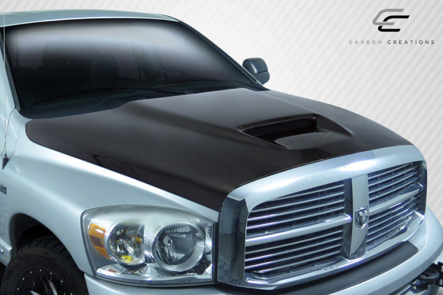 2002-2008 Dodge Ram 1500 / 2003-2009 Dodge Ram 2500 3500 Carbon Creations DriTech SRT Look Hood - 1 Piece / Vehicle Year Make Model Trim - 2002-2008-Dodge Ram ALL / Product Type - Hood / Style Name -SRT / Kit Material - Carbon Fiber / Notes - Note: Hood pins are required.