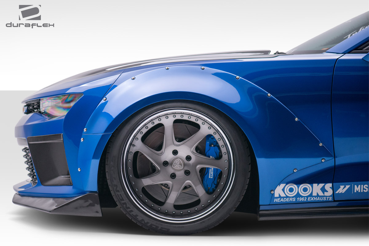 2016-2018 Chevrolet Camaro Duraflex Grid Front Fender Flares - 4 Piece / Vehicle Year Make Model Trim - 2016-2018-Chevrolet Camaro ALL / Product Type - Fender Flare / Style Name -Grid / Kit Material - FRP (Fiberglass Reinforced Plastics) / Notes - Note: Fender flares are 3 inches wider than stock