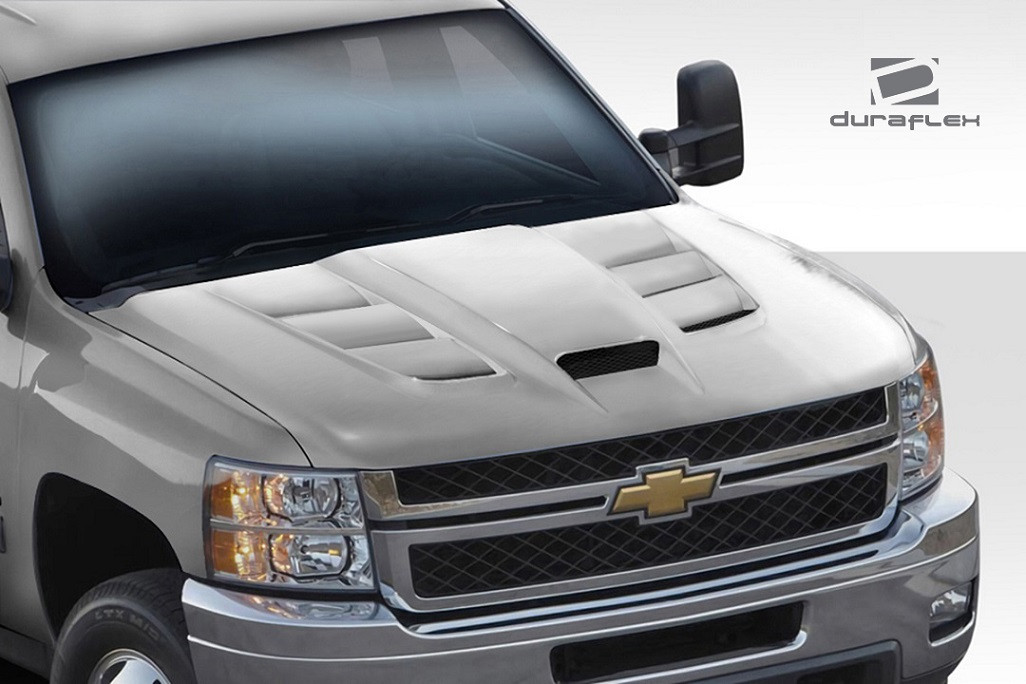 2007-2013 Chevrolet Silverado Duraflex Viper Look Hood - 1 Piece / Vehicle Year Make Model Trim - 2007-2013-Chevrolet Silverado ALL / Product Type - Hood / Style Name -Viper Look / Kit Material - FRP (Fiberglass Reinforced Plastics) / Notes - Note: Will only fit 1500 Model. Hood pins are required.