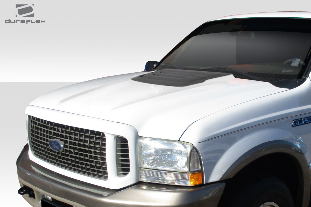 1999-2007 Ford Super Duty / 2000-2005 Ford Excursion Duraflex Raptor Look Hood - 1 Piece / Vehicle Year Make Model Trim - 1999-2007-Ford Super Duty ALL / Product Type - Hood / Style Name -Raptor Look / Kit Material - FRP (Fiberglass Reinforced Plastics) / Notes - Hood pins are required.
