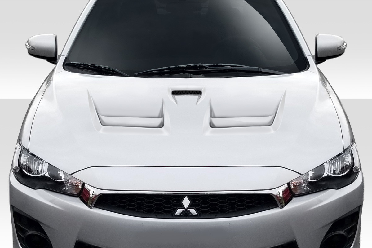 2008-2017 Mitsubishi Lancer / Lancer Evolution 10 Duraflex D Spec Hood - 1 Piece / Vehicle Year Make Model Trim - 2008-2017-Mitsubishi Lancer ALL / Product Type - Hood / Style Name -D Spec / Kit Material - FRP (Fiberglass Reinforced Plastics) / Notes - Note: Hood pins are required.