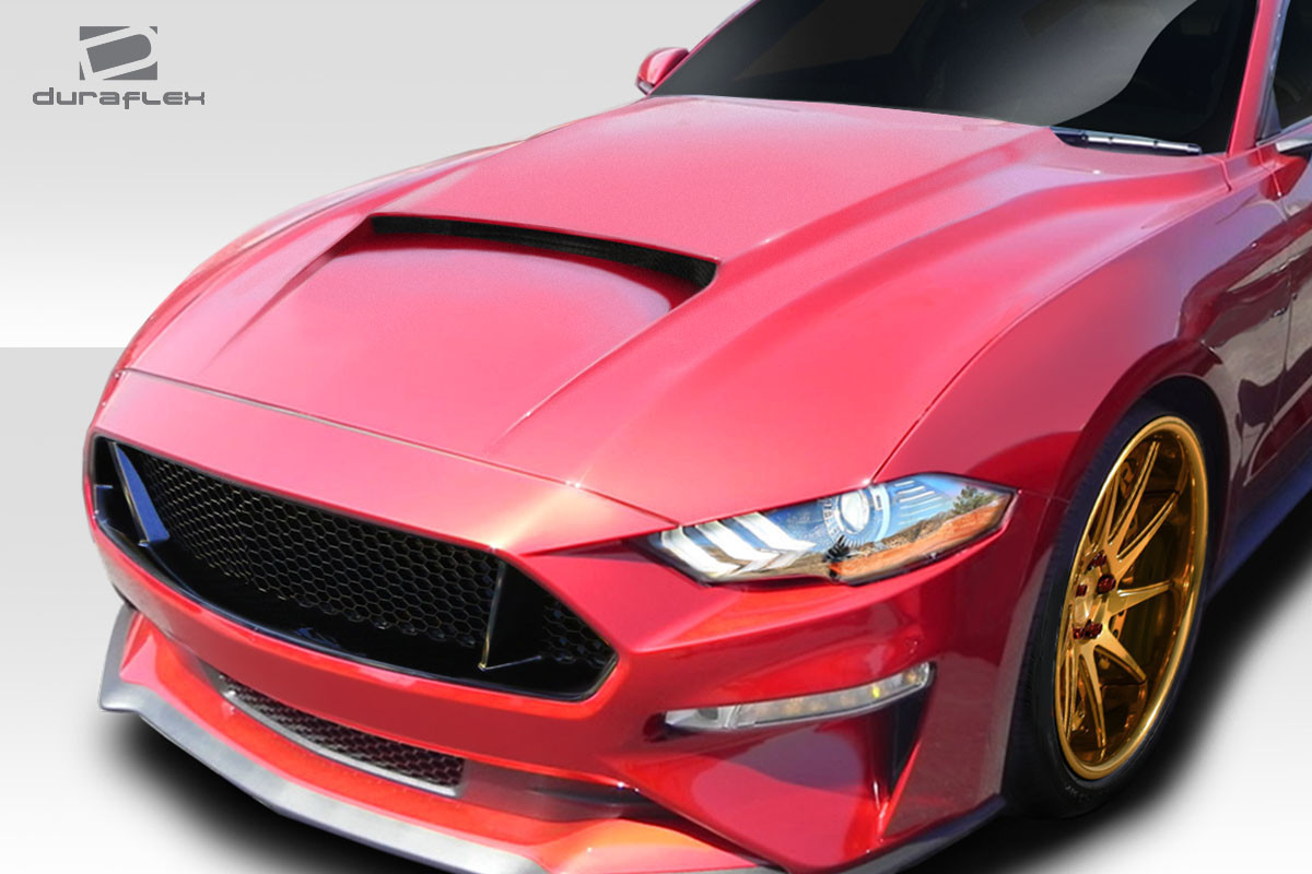 2018-2023 Ford Mustang Duraflex CVX Hood - 1 Piece / Vehicle Year Make Model Trim - 2018-2023-Ford Mustang ALL / Product Type - Hood / Style Name -CVX / Kit Material - FRP (Fiberglass Reinforced Plastics) / Notes - Note: Hood pins are required.