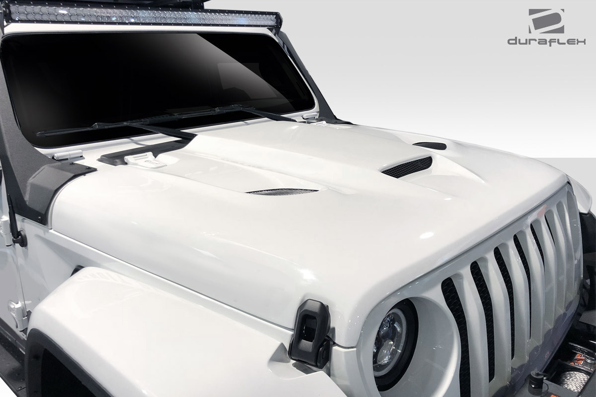 2018-2025 Jeep Wrangler JL Gladiator JT Duraflex Hellcat Look Hood - 1 Piece / Vehicle Year Make Model Trim - 2018-2025-Jeep Wrangler ALL / Product Type - Hood / Style Name -Hellcat / Kit Material - FRP (Fiberglass Reinforced Plastics) / Notes - Note: Hood pins are required.