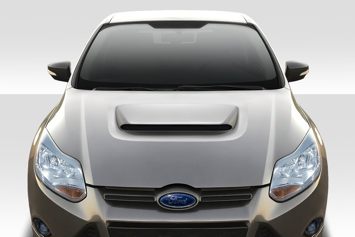 2012-2014 Ford Focus Duraflex Ram Air Hood - 1 Piece / Vehicle Year Make Model Trim - 2012-2014-Ford Focus ALL / Product Type - Hood / Style Name -Ram Air / Kit Material - FRP (Fiberglass Reinforced Plastics) / Notes - Note: Hood pins are required.