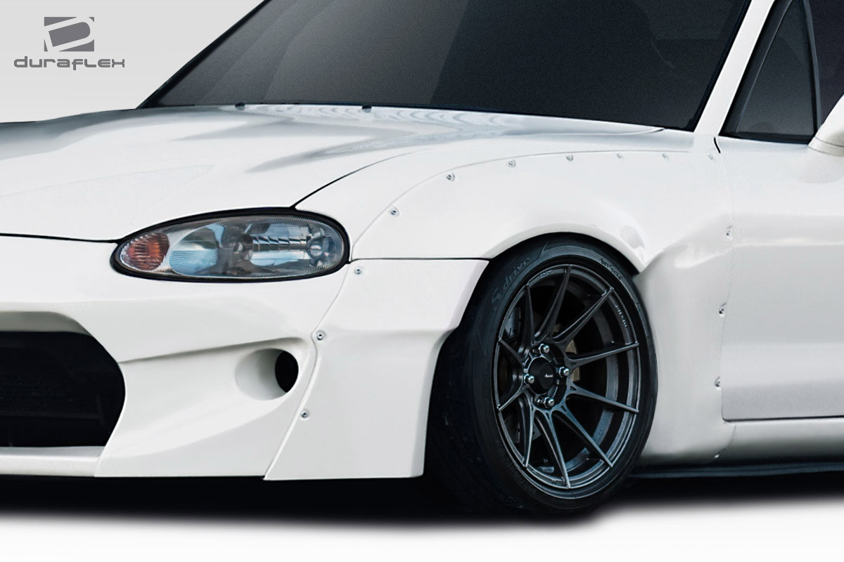 1999-2005 Mazda Miata Duraflex RBS Wide Body Front Fender Flares - 2 Piece (+70 MM) / Vehicle Year Make Model Trim - 1999-2005-Mazda Miata ALL / Product Type - Fender Flare / Style Name -RBS / Kit Material - FRP (Fiberglass Reinforced Plastics) / Notes -