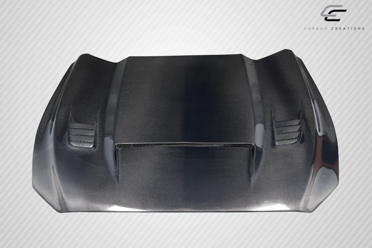 2015-2017 Ford Mustang Carbon Creations R Spec Hood - 1 Piece / Vehicle Year Make Model Trim - 2015-2017-Ford Mustang ALL / Product Type - Hood / Style Name -R Spec / Kit Material - Carbon Fiber / Notes - Note: Hood pins are required.