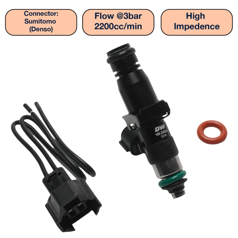 DeatschWerks Universal 2200cc Single Fuel Injector / 60mm Length / 14mm O-Ring Seals - DW2200-60-14-14-1 Photo - Primary