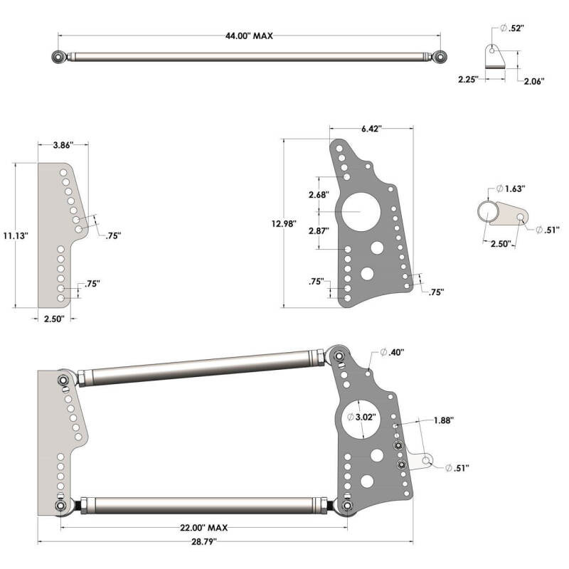 QA1 HD Pro Rear Drag 4-Link System - No Shocks/Springs - R070-000 Technical Drawing