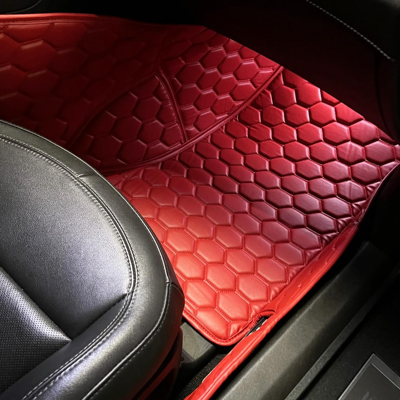 EOS Honeycomb Leather Floor Mats - Red - 14-19 Corvette C7