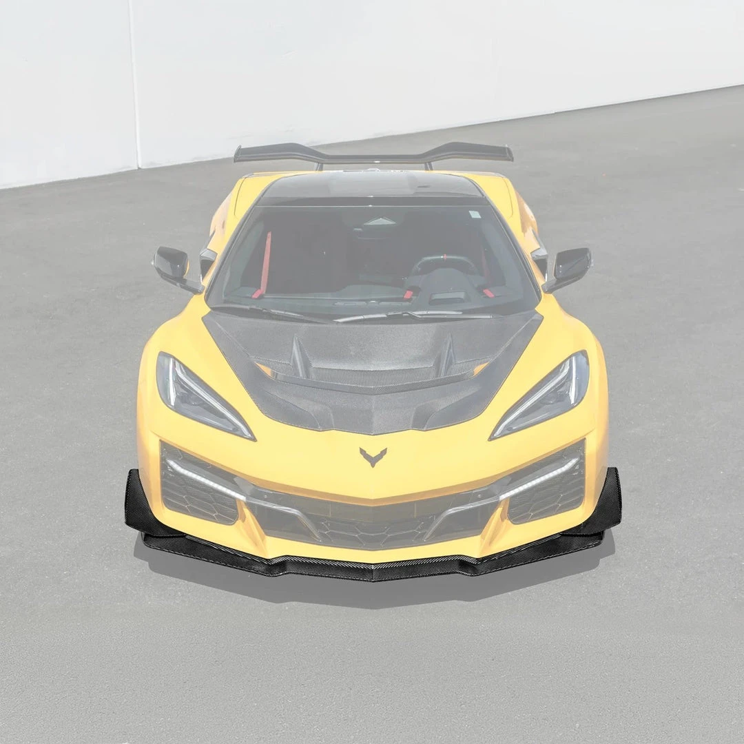 EOS Z07 Style Carbon Fiber Front Splitter & NO-DRILL Canards - C8 Corvette Z06 (FLIP-527-BKCF_SPLITTER-1360-BKCF)