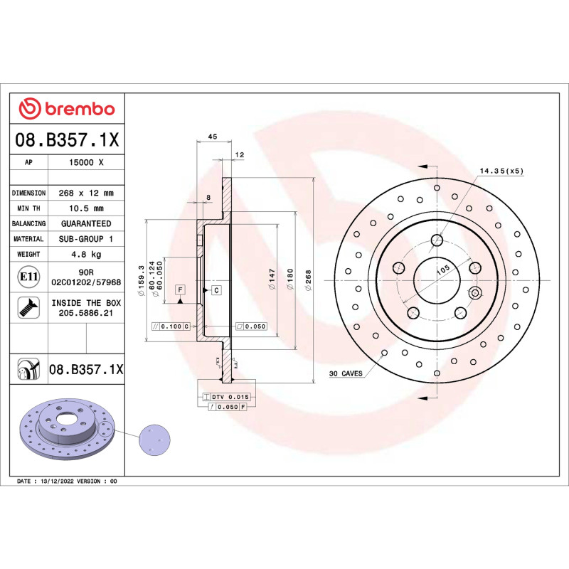 Brembo OE 2015 Chevrolet Cruze Drilled Xtra Brake Disc - Rear - 08.B357.1X User 1