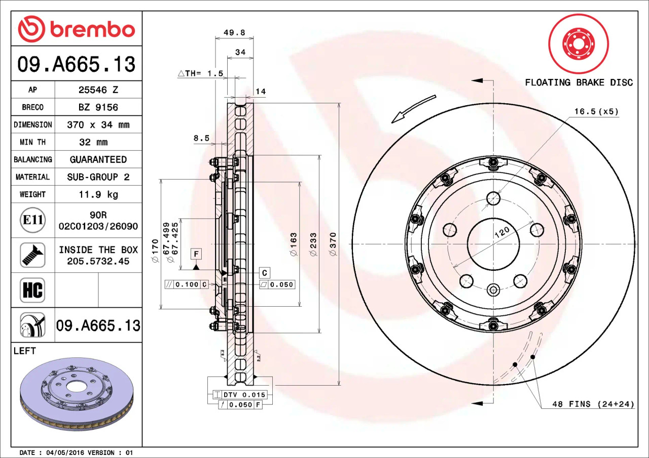 Brembo 2 Piece Front Left Rotor - 09-15 CTS-V / 12-15 Camaro ZL1 (BRE09.A665.13)