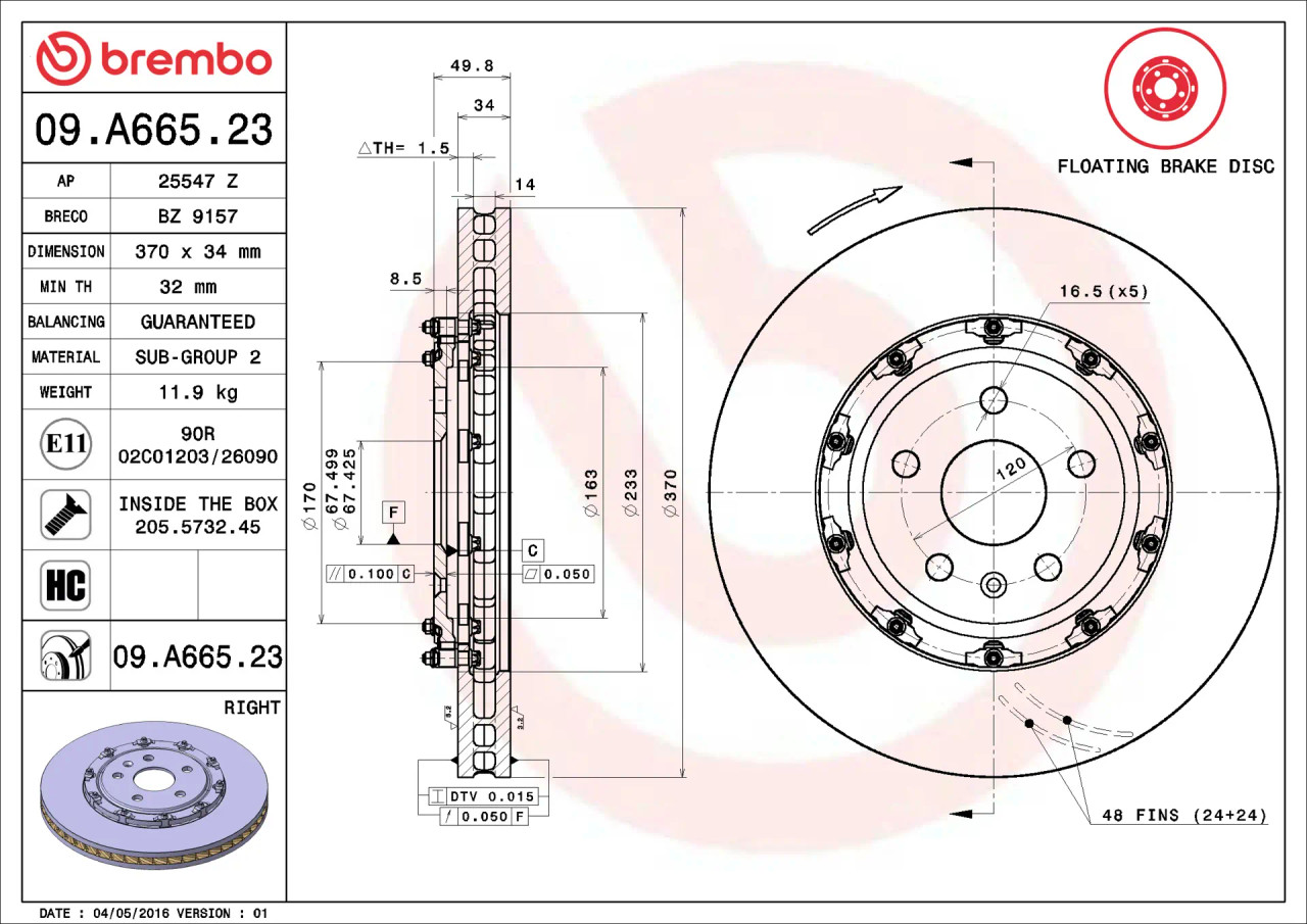 Brembo 2 Piece Front Right Rotor - 09-15 CTS-V / 12-15 Camaro ZL1 (BRE09.A665.23)