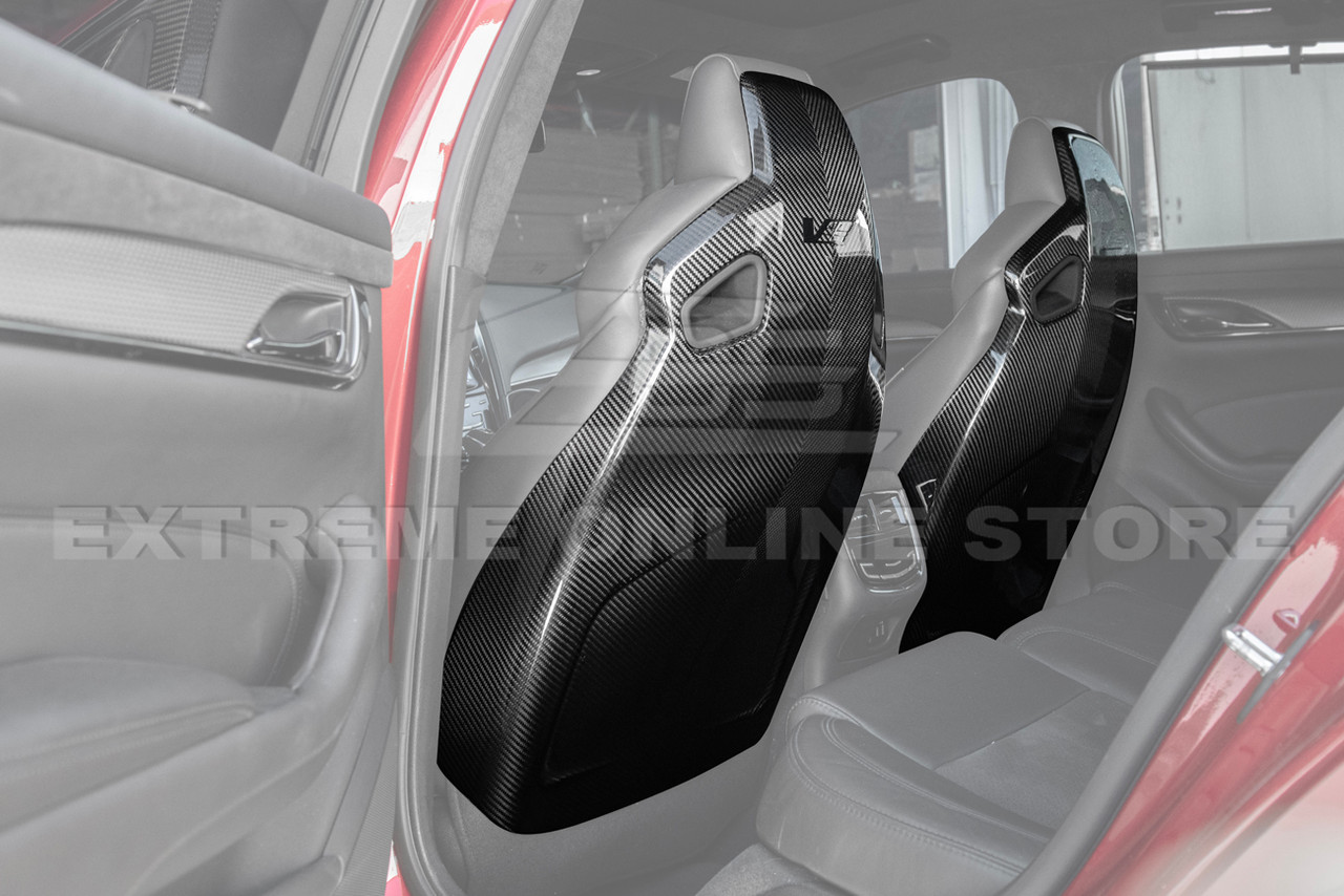 EOS Seat Back Cover Pair w. V Logo - Carbon Fiber - 16-19 Cadillac CTS-V / ATS-V (VENT-909-BKCF-LOGOX2)