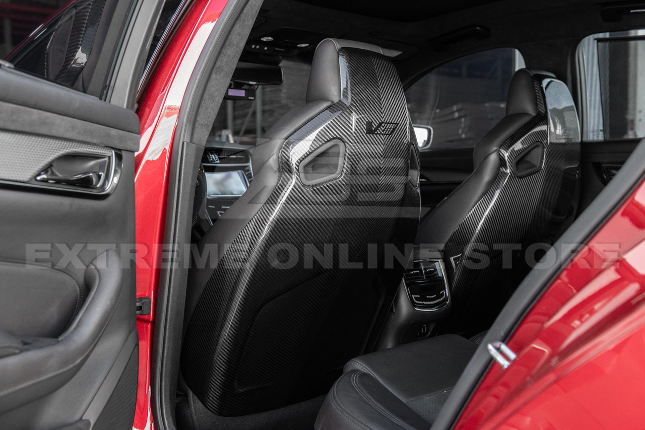 EOS Seat Back Cover Pair w. V Logo - Carbon Fiber - 16-19 Cadillac CTS-V / ATS-V (VENT-909-BKCF-LOGOX2)