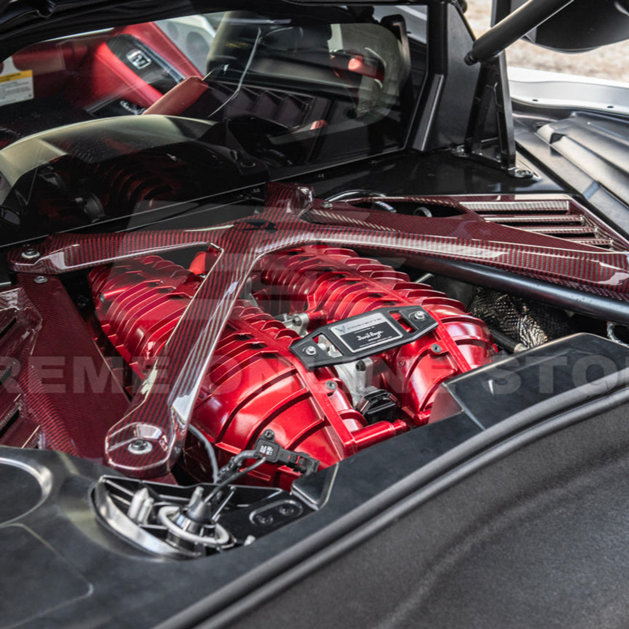 EOS Engine Bay X-Brace - Red Carbon Fiber - C8 Corvette (BRACE-687-RDCF)